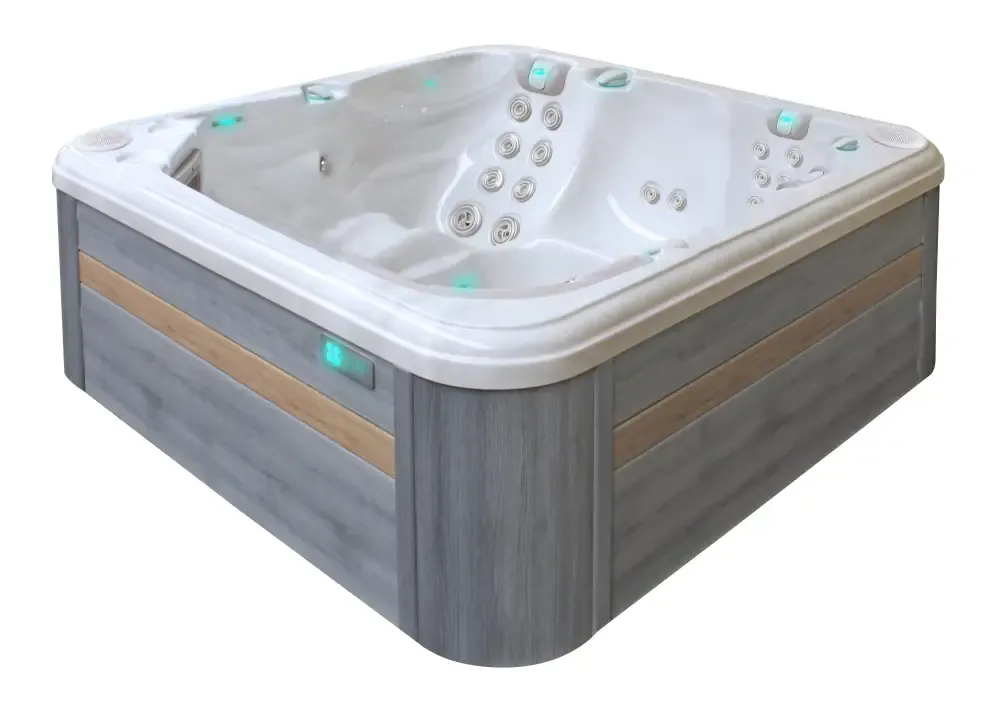 PassionSpa Reflect hot tub – modern design, grey wood panels, white massage jets, teal lighting PassionSpa Reflect hot tub – modern design, grey wood panels, white massage jets, teal lighting
